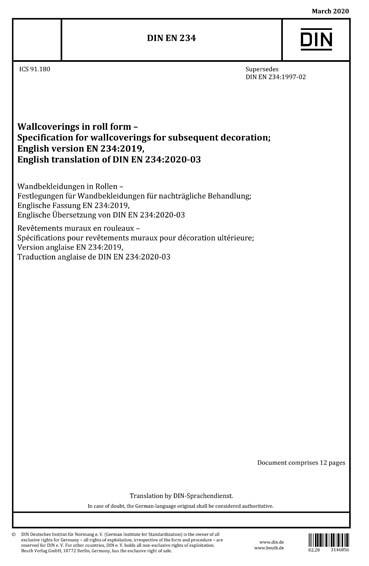 DIN EN 234:2020 - Wallcoverings in roll form - Specification for ...