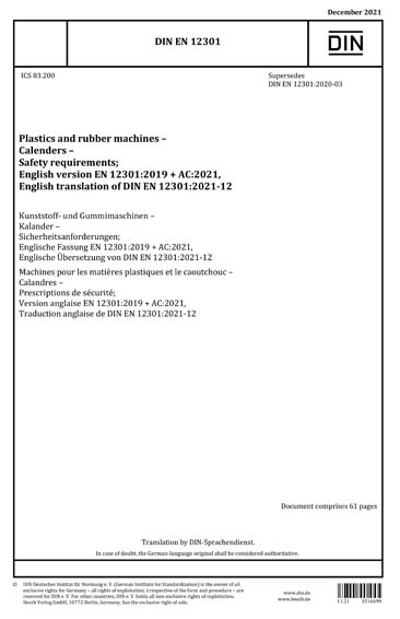 DIN EN 12301:2021 - Plastics and rubber machines - Calenders - Safety ...