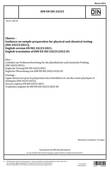 DIN EN ISO 24223:2022 - Cheese - Guidance on sample preparation for ...