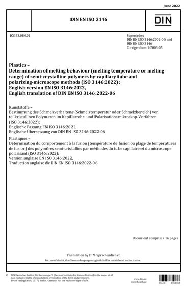 Iso 3146 DIN EN ISO 3146:2022 - Plastics - Determination of melting behaviour ...