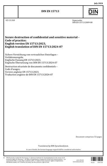 DIN EN 15713:2024 - Secure destruction of confidential and sensitive ...
