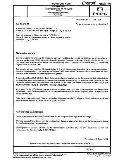 DIN EN 3736:1996 DE - Luft- und Raumfahrt - Titanlegierung TI-P65002 ...