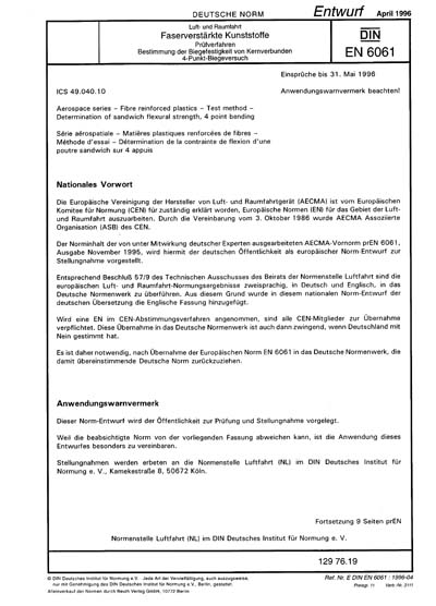 DIN EN 6061:1996 - Aerospace series - Fibre reinforced plastics - Test ...
