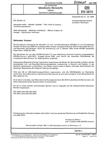 DIN EN 3875:1996 - Aerospace series - Metallic materials - Filler metal ...