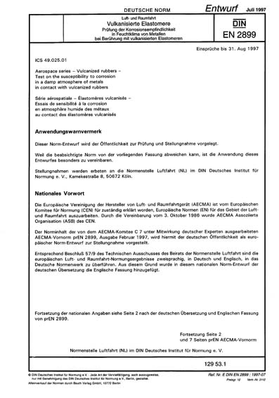 DIN EN 2899:1997 - Aerospace series - Vulcanized rubbers - Test on the ...