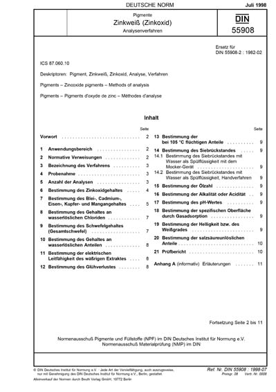 DIN 55908:1998 DE - Pigmente - Zinkweiß (Zinkoxid) - Analysenverfahren ...