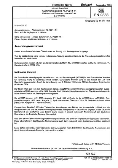 DIN EN 2383:1998 - Aerospace series - Aluminium alloy AL-P2214-T4 ...