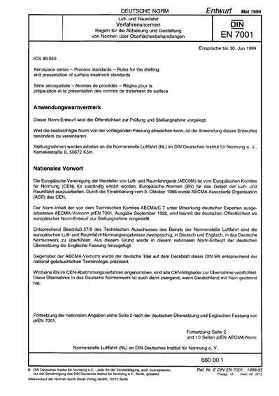 DIN EN 7001:1999 - Aerospace series - Process standards - Rules for the ...