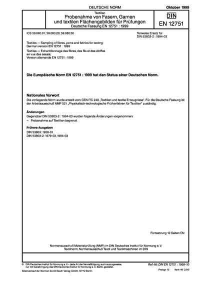 DIN EN 12751 1999 DE Textilien Probenahme Von Fasern Garnen Und 