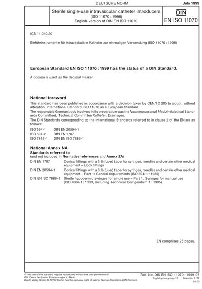 DIN EN ISO 11070:1999 - Sterile single-use intravascular catheter ...