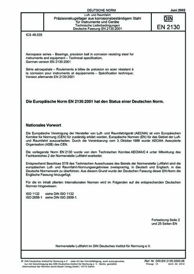 DIN EN 2130:2002 - Aerospace series - Bearings, precision ball in ...