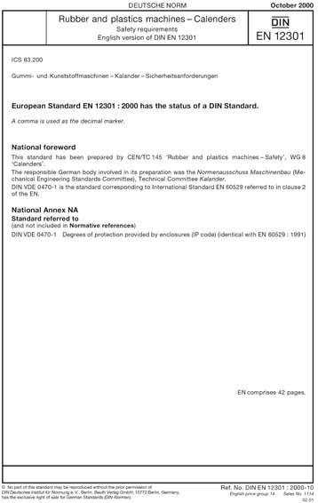 DIN EN 12301:2000 - Rubber and plastics machines - Calenders - Safety ...
