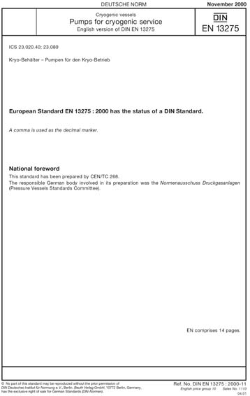 DIN EN 13275:2000 - Cryogenic vessels - Pumps for cryogenic service ...