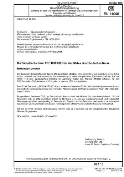 En10099 DIN EN 14099:2002 - Aerospace - Space product assurance - Measurement ...
