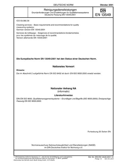 DIN EN 13549:2001 DE - Reinigungsdienstleistungen - Grundanforderungen ...