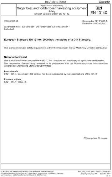 DIN EN 13140:2001 - Agricultural machinery - Sugar beet and fodder beet ...
