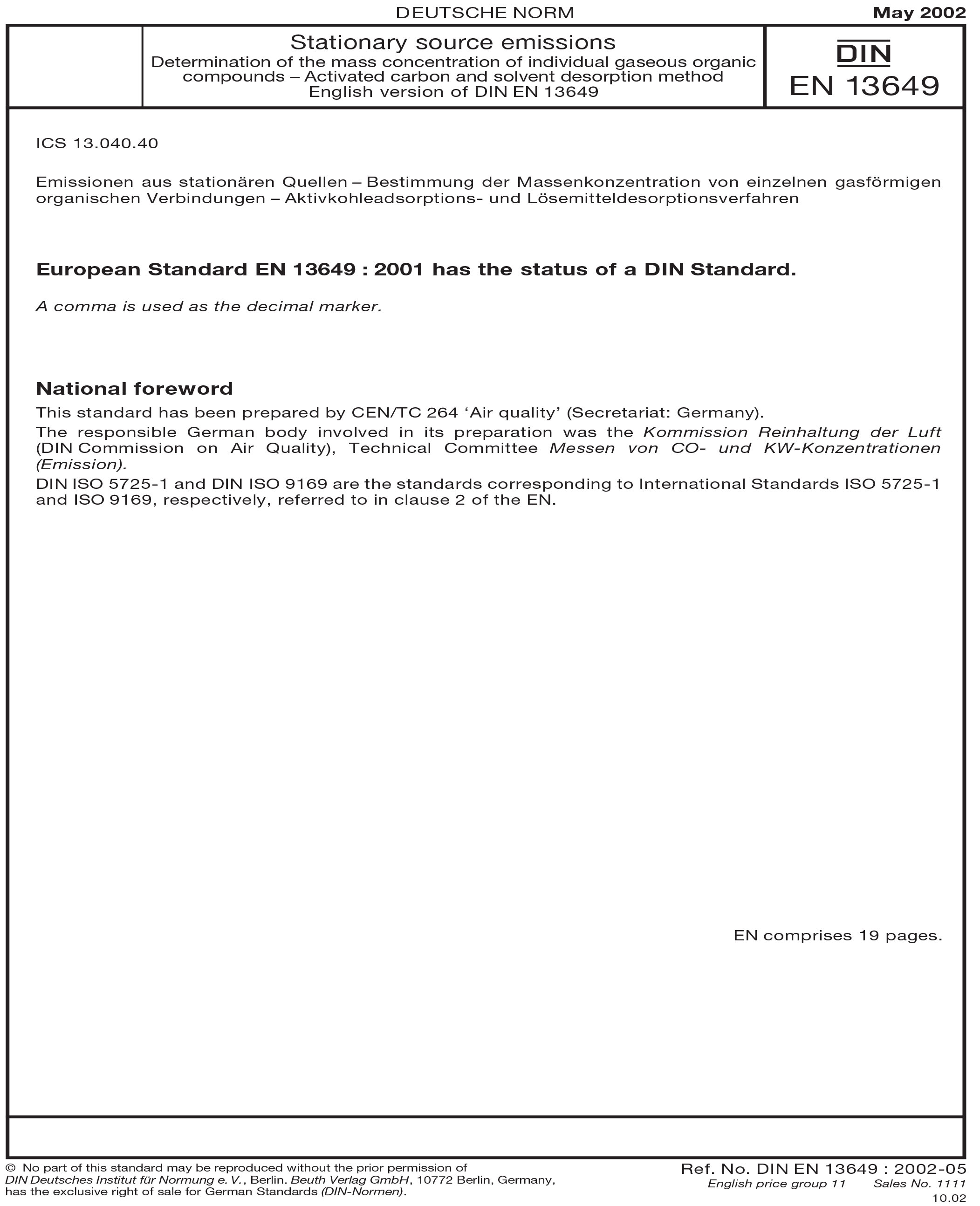 DIN EN 13649:2002 - Stationary source emissions - Determination of the ...