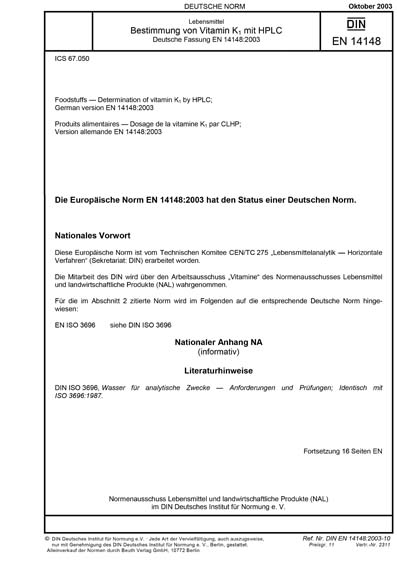 DIN EN 14148:2003 DE - Lebensmittel - Bestimmung von Vitamin K1 mit ...