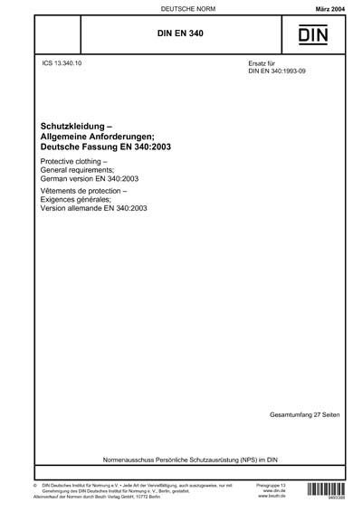 DIN EN 340:2004 DE - Schutzkleidung - Allgemeine Anforderungen ...
