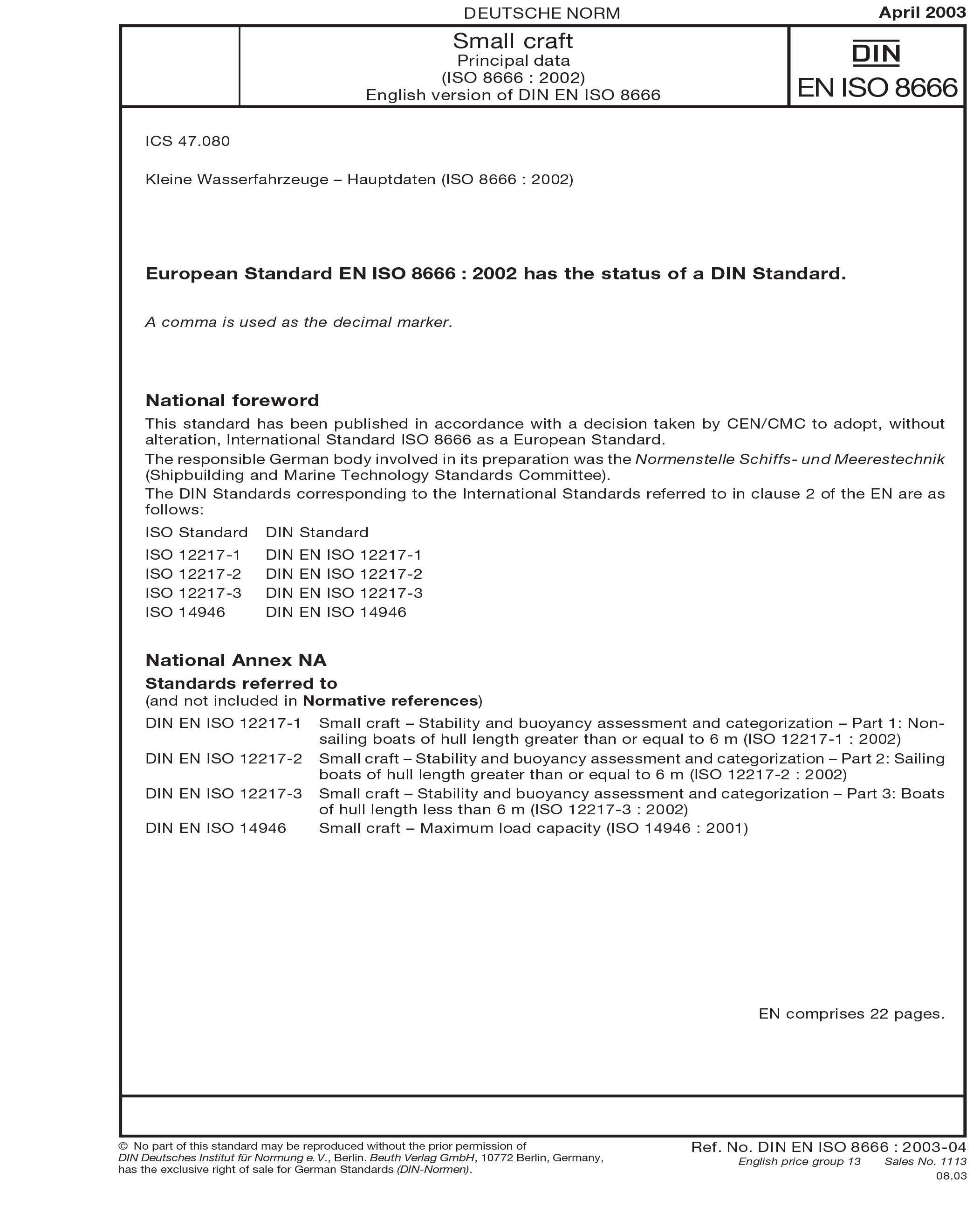 DIN EN ISO 8666:2003 - Small craft - Principal data (ISO 8666:2002 ...