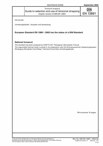 DIN EN 13891:2003 - Tensional strapping - Guide to selection and use of ...