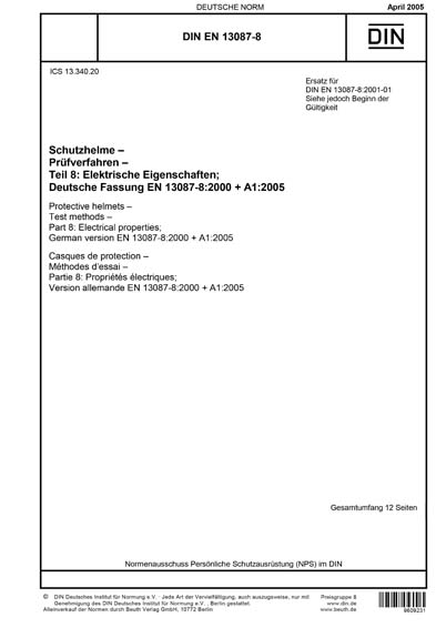 DIN EN 13087-8:2005 DE - Schutzhelme - Prüfverfahren - Teil 8 ...