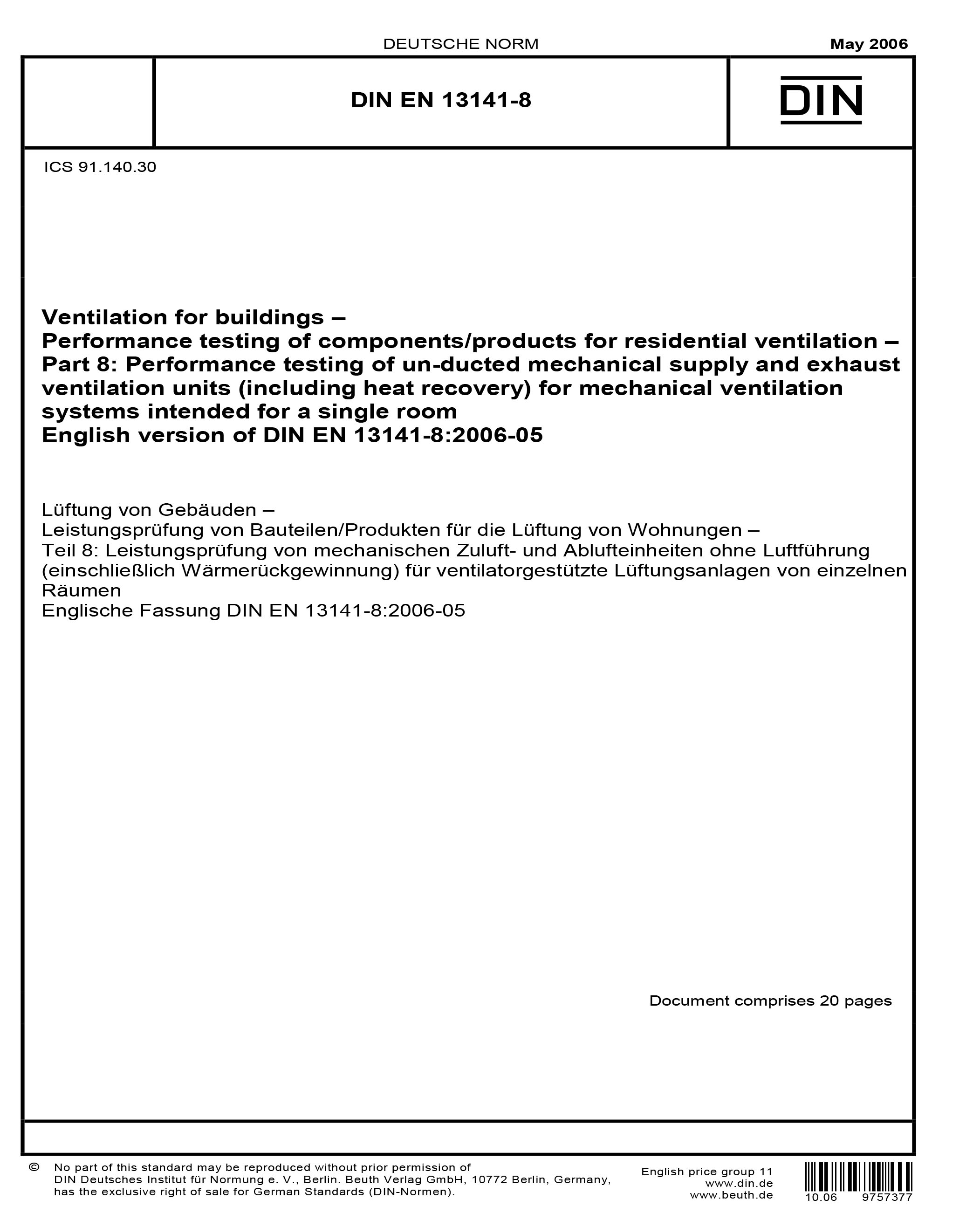 DIN EN 13141-8:2006 - Ventilation for buildings - Performance testing ...