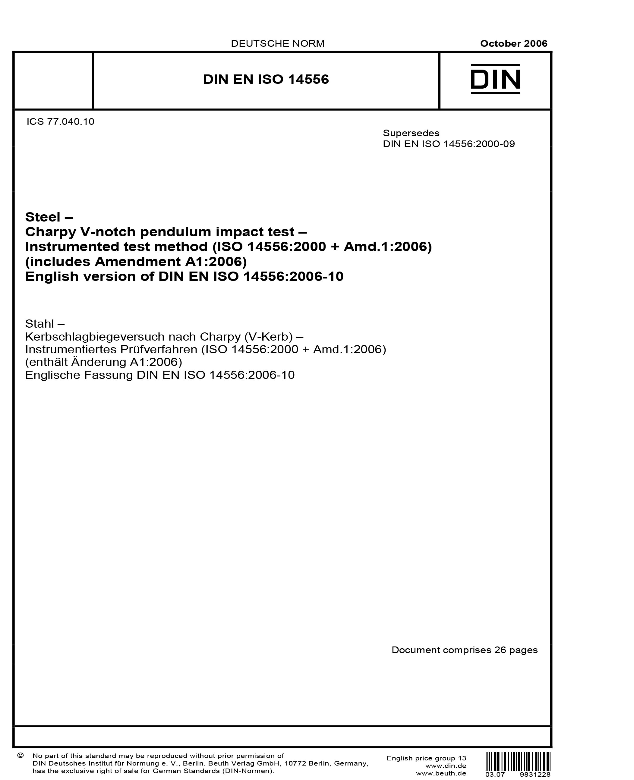 DIN EN ISO 14556:2006 - Steel - Charpy V-notch pendulum impact test ...