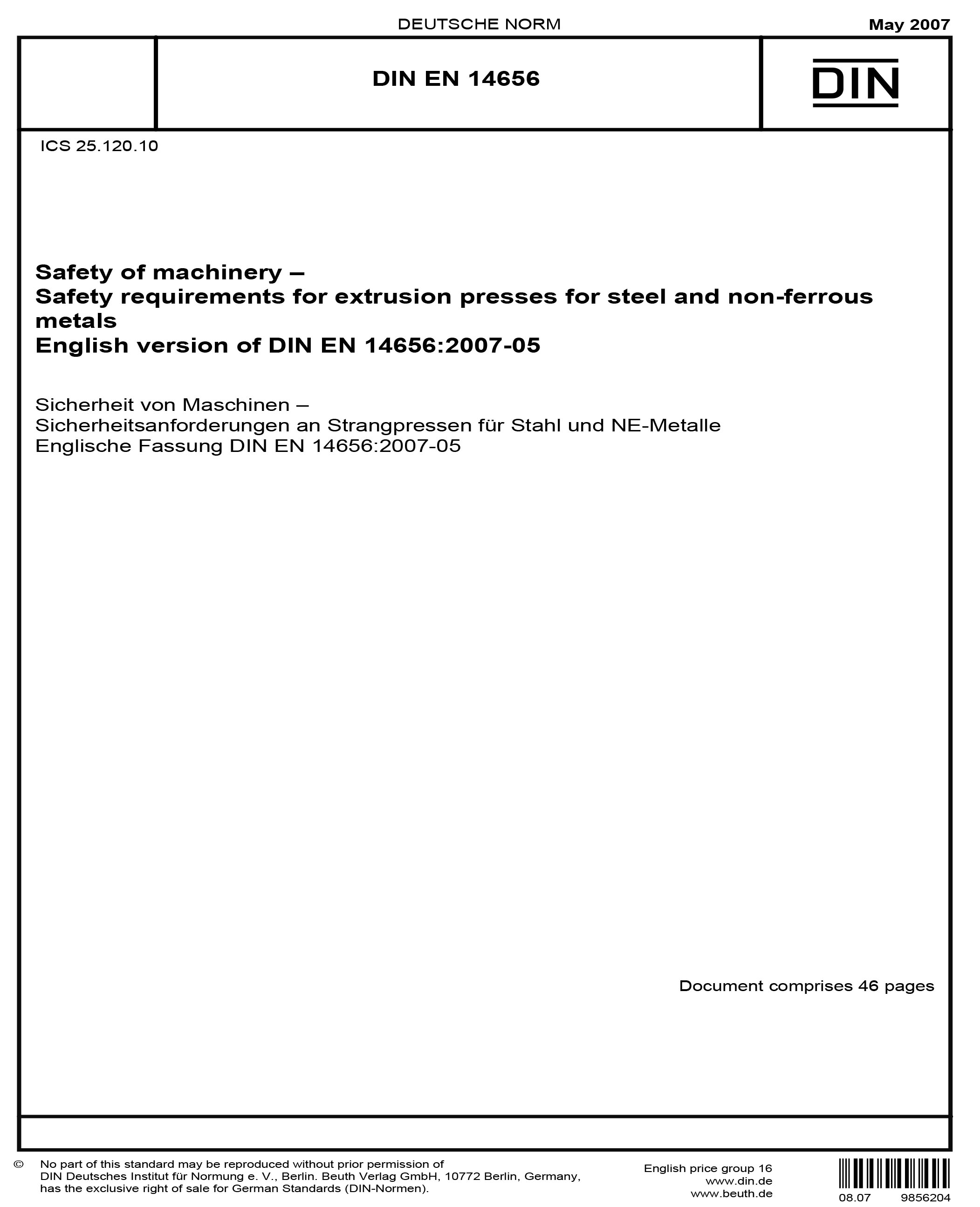 DIN EN 14656:2007 - Safety of machinery - Safety requirements for ...
