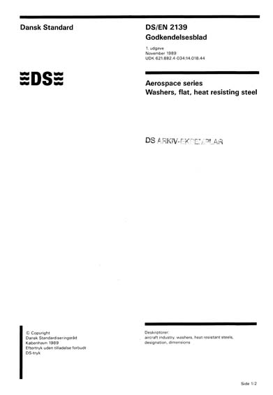 DS/EN 2139:1989 - Aerospace series - Washers, flat, heat resisting steel