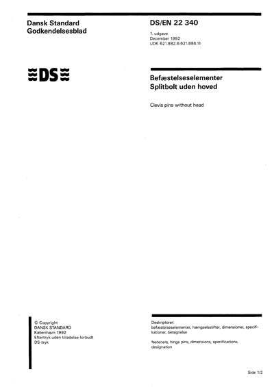 DS/EN 22340:1992 - Clevis pins without head