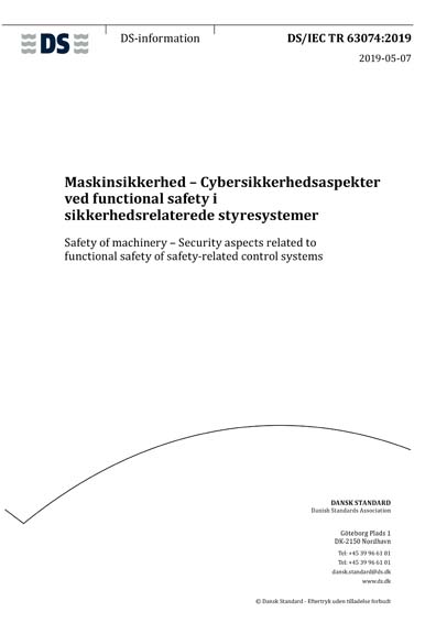 DS/IEC TR 63074:2019 - Safety of machinery - Security aspects
