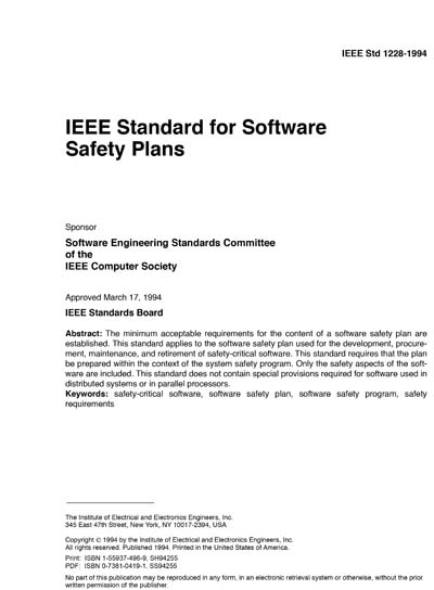 1228-1994 - IEEE Standard for Software Safety Plans