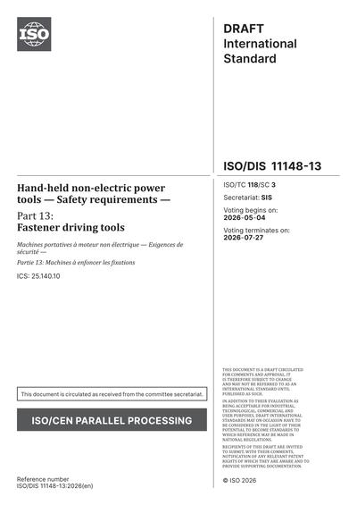 ISO/DIS 11148-13:2026 - Hand-held non-electric power tools - Safety ...