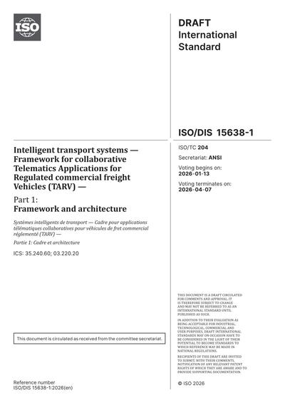 Collaborative Framework Iso ISO/DIS 15638-1:2026 - Intelligent transport systems - Framework for ...