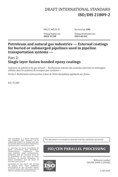 ISO/DIS 21809-2:2020 - Petroleum and natural gas industries - External