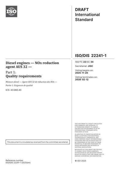 ISO/DIS 22241-1:2025 - Diesel engines - NOx reduction agent AUS 32 ...