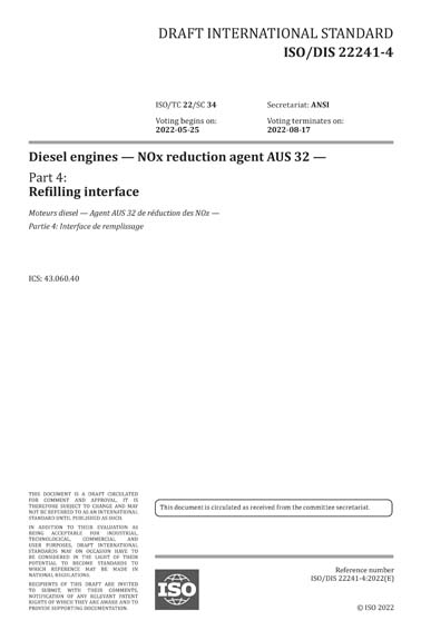 ISO/DIS 22241-4:2022 - Diesel engines - NOx reduction agent AUS 32 ...