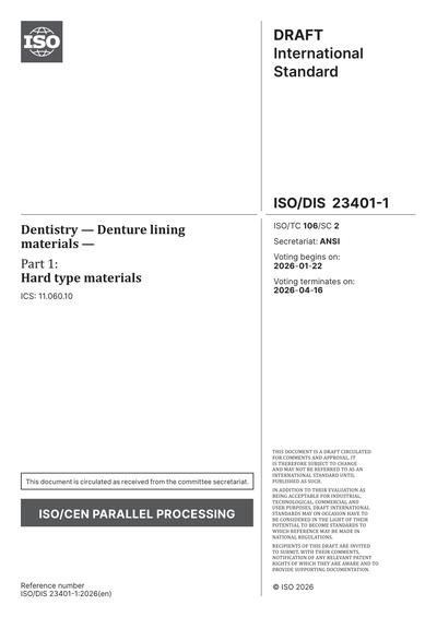 ISO/DIS 23401-1:2026 - Dentistry - Denture lining materials - Part 1 ...