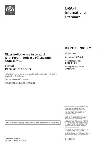 ISO/DIS 7086-2:2026 - Glass hollowware in contact with food - Release ...