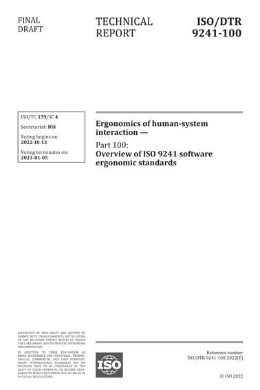 Iso 9241 Computer ISO/DTR FDIS 9241-100:2022 - Ergonomics of human-system interaction ...