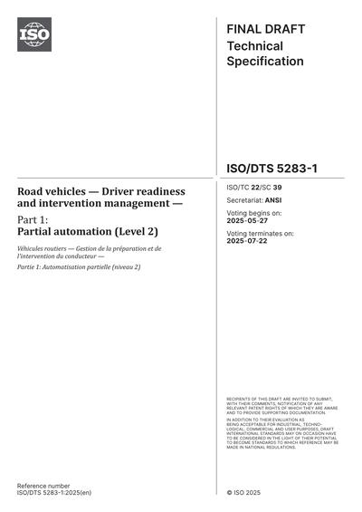ISO/DTS FDIS 5283-1:2025 - Road vehicles - Driver readiness and ...
