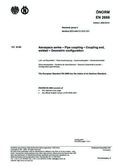 ONORM EN 2656:2002 - Aerospace series - Pipe coupling - Coupling end ...