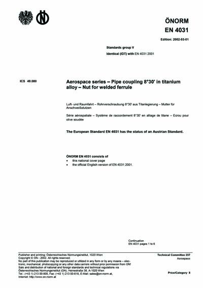 ONORM EN 4031:2002 - Aerospace series - Pipe coupling 8°30' in titanium ...