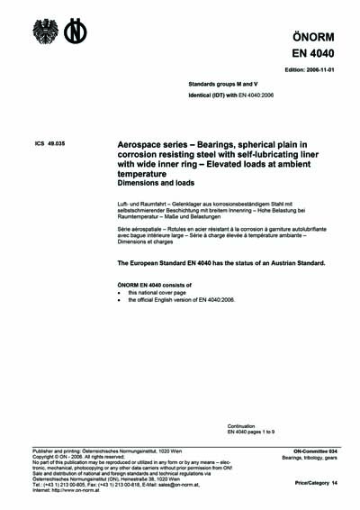 ONORM EN 4040:2006 - Aerospace series - Bearings, spherical plain in ...