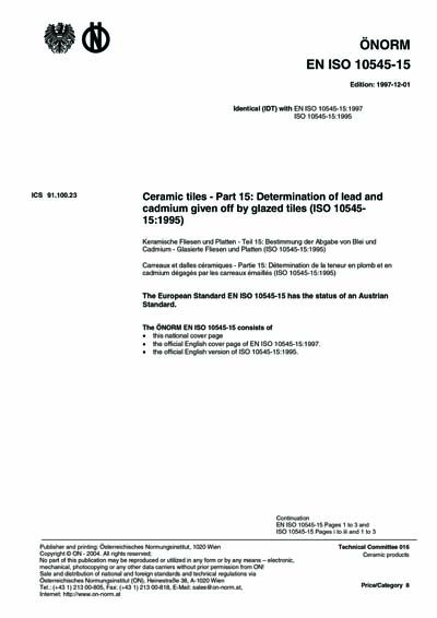 ONORM EN ISO 10545-15:1997 - Ceramic tiles - Part 15: Determination of ...