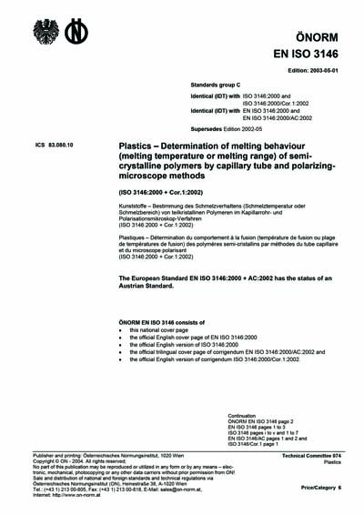 Iso 3146 ONORM EN ISO 3146:2003 - Plastics - Determination of melting behaviour ...