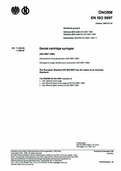 ONORM EN ISO 9997:2001 - Dental cartridge syringes (ISO 9997:1999 ...