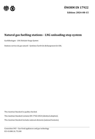 ONORM EN 17922:2024 - Natural gas fuelling stations - LNG unloading ...