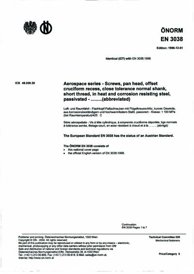 ONORM EN 3038:1996 - Aerospace series - Screws, pan head, offset ...